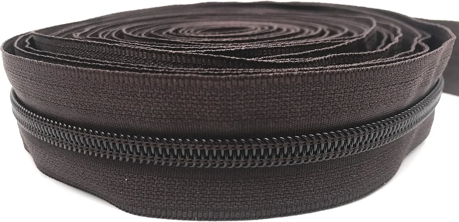 #5 Coffee Global Brown Nylon Zipper Tape by The Yard 10 Yards Zippers for Sewing Backpack Handbag Purse Bag Making with 20pcs Gunmetal Pulls Slider