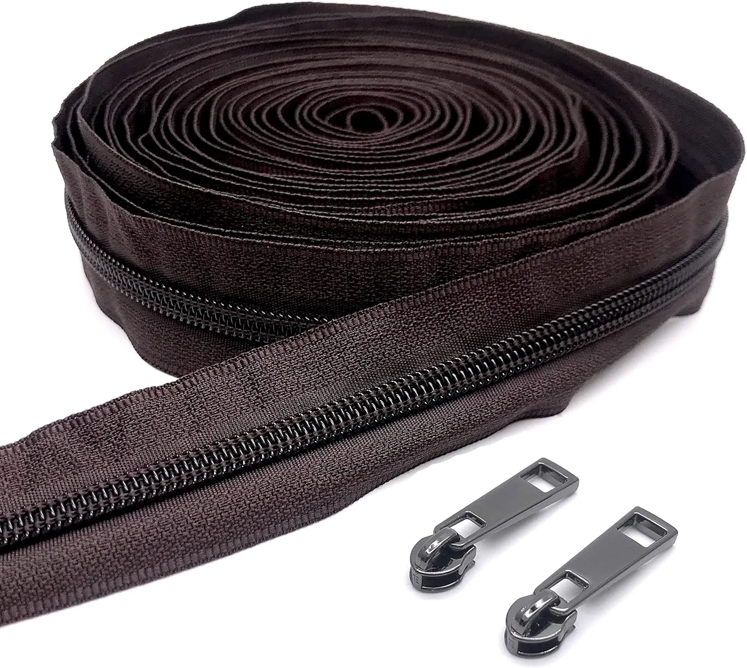 #5 Coffee Global Brown Nylon Zipper Tape by The Yard 10 Yards Zippers for Sewing Backpack Handbag Purse Bag Making with 20pcs Gunmetal Pulls Slider