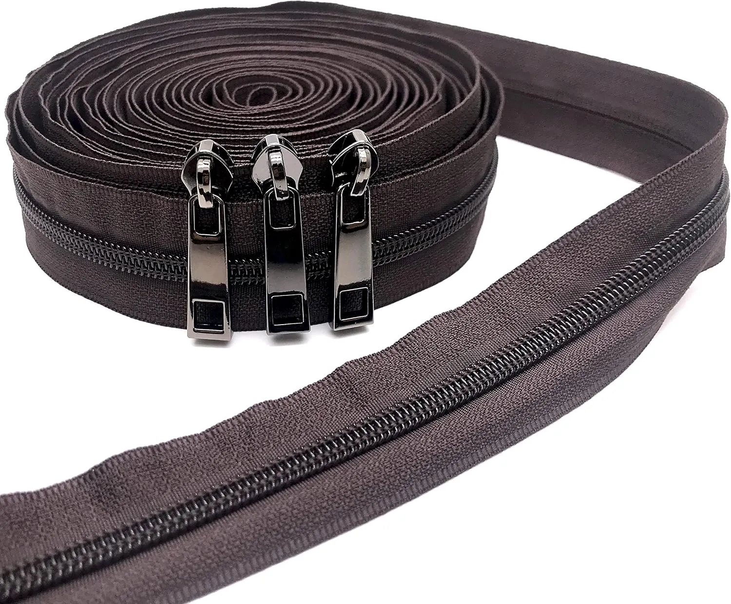 #5 Coffee Global Brown Nylon Zipper Tape by The Yard 10 Yards Zippers for Sewing Backpack Handbag Purse Bag Making with 20pcs Gunmetal Pulls Slider