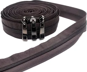 #5 Coffee Global Brown Nylon Zipper Tape by The Yard 10 Yards Zippers for Sewing Backpack Handbag Purse Bag Making with 20pcs Gunmetal Pulls Slider