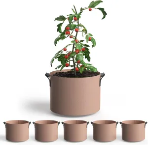 5-Pack Grow Bags 1 Gallon Thickened Plant Grow Bags Multi-Purpose Nonwoven Fabric Pots with Durable Handles, Outdoor Garden Plant Pots for Fruits Vegetables Flowers Herb Bonsai Plants, Khaki