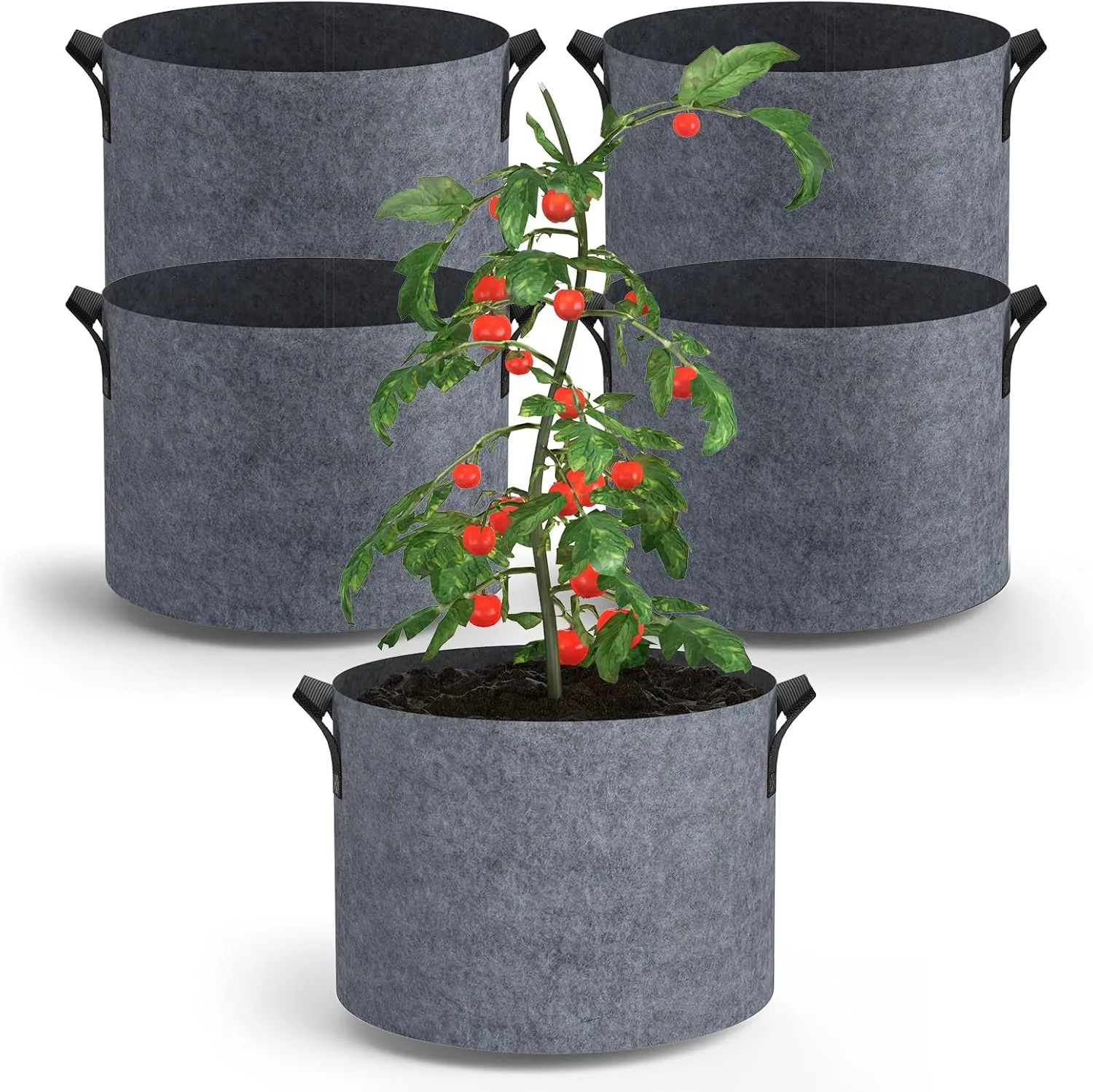 5-Pack Grow Bags 5 Gallon Thickened Plant Grow Bags Multi-Purpose Nonwoven Fabric Pots with Durable Handles, Outdoor Garden Plant Pots for Fruits Vegetables Flowers Herb Bonsai Plants, Gray