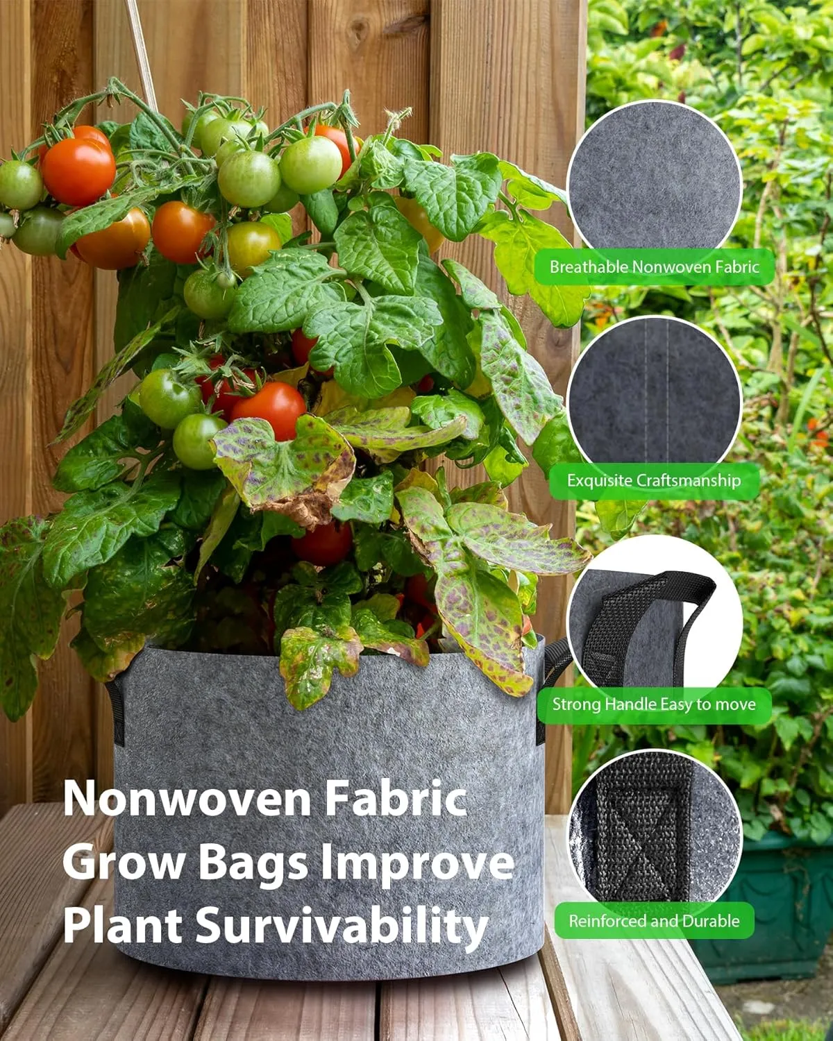 5-Pack Grow Bags 5 Gallon Thickened Plant Grow Bags Multi-Purpose Nonwoven Fabric Pots with Durable Handles, Outdoor Garden Plant Pots for Fruits Vegetables Flowers Herb Bonsai Plants, Gray