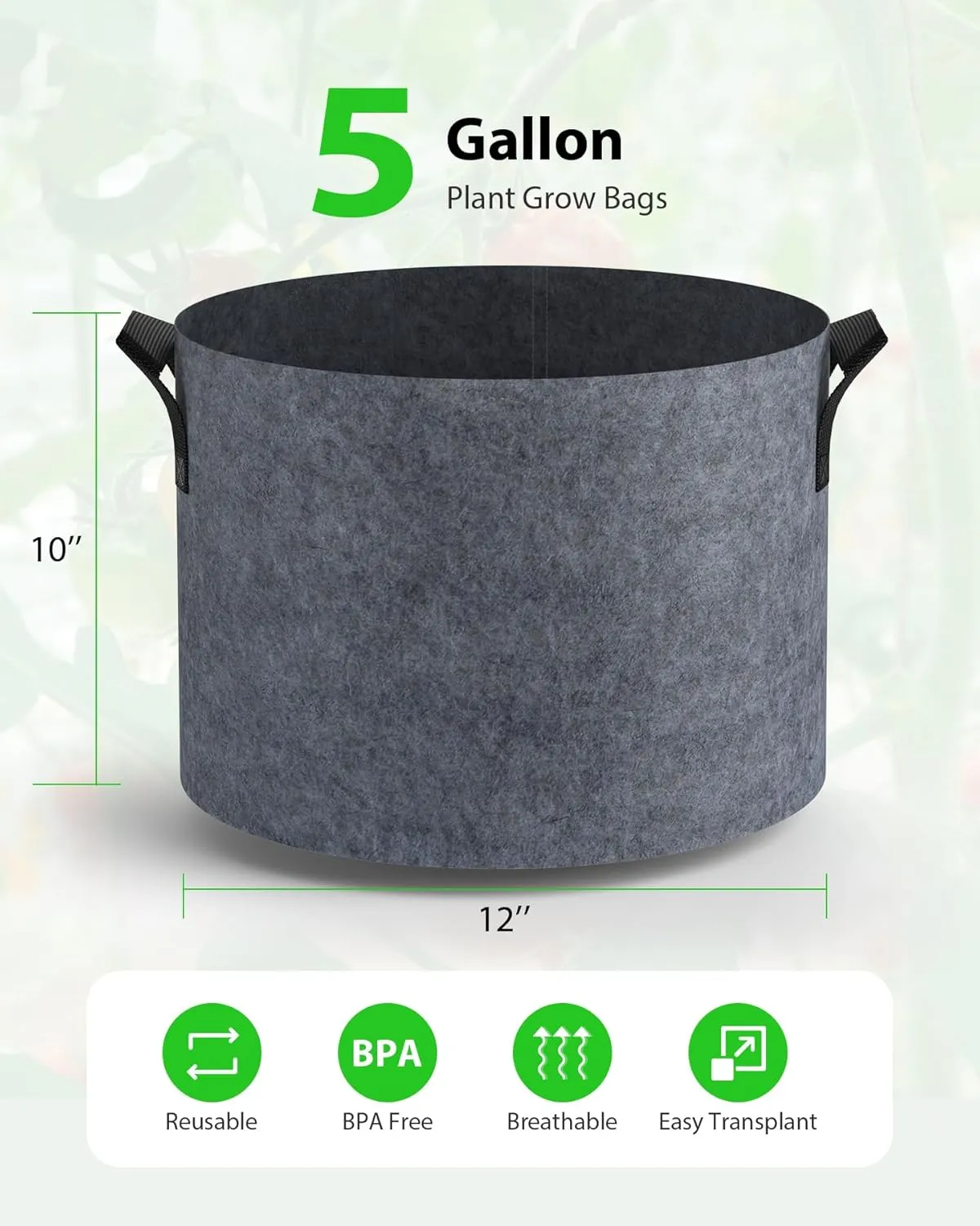 5-Pack Grow Bags 5 Gallon Thickened Plant Grow Bags Multi-Purpose Nonwoven Fabric Pots with Durable Handles, Outdoor Garden Plant Pots for Fruits Vegetables Flowers Herb Bonsai Plants, Gray