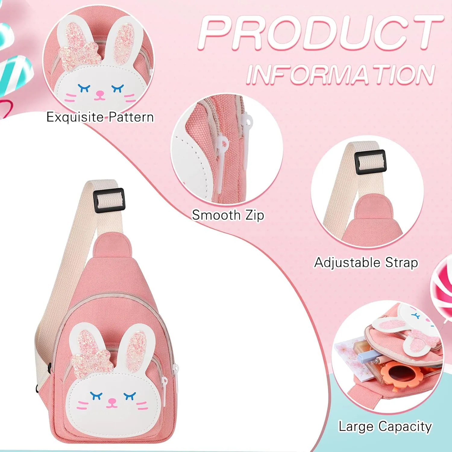 5 Pcs Cute Small Kids Sling Bag Cartoon Shoulder Chest Crossbody Bags for Children Travel Hiking(Green, Blue, Pink, Yellow, Red,Bunny)
