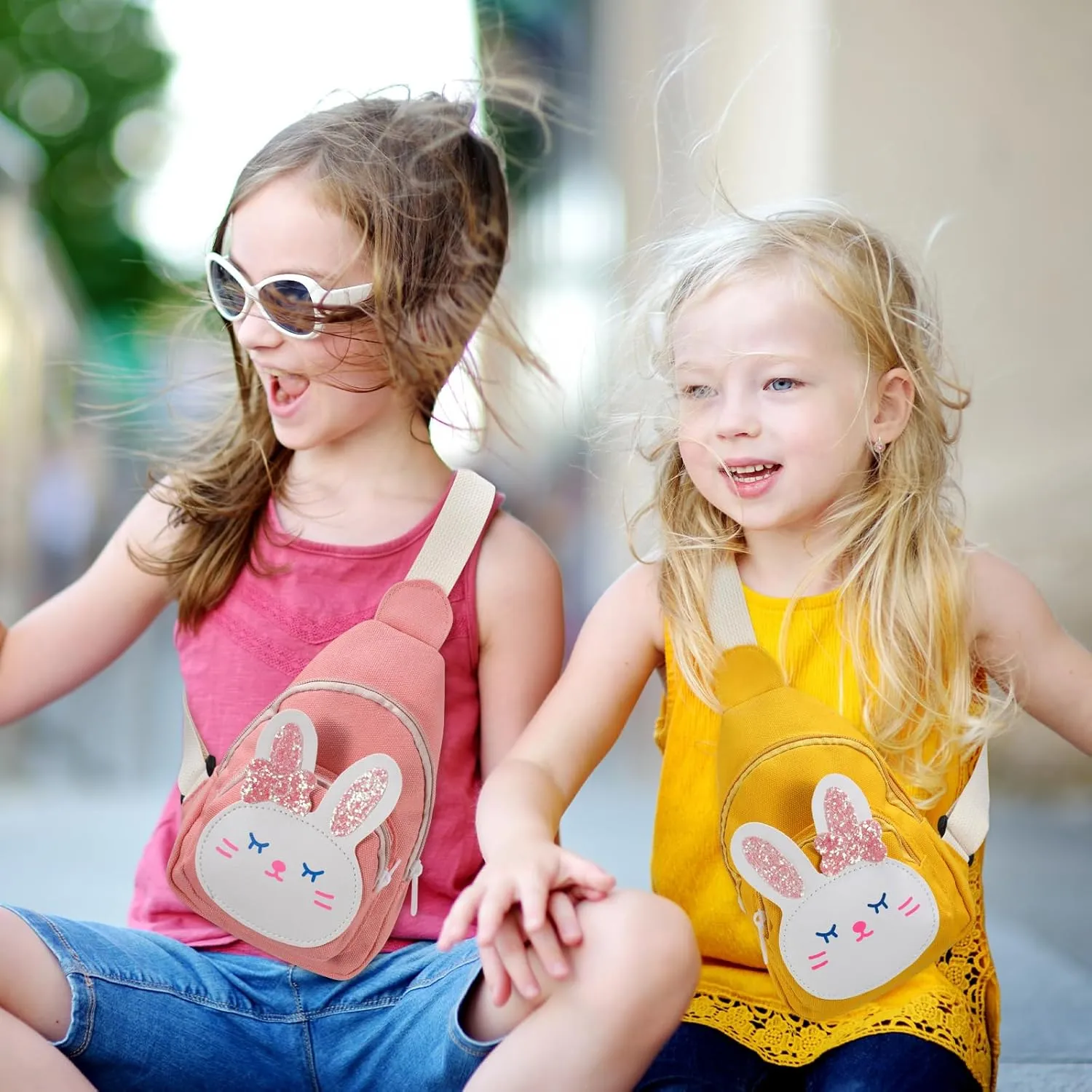 5 Pcs Cute Small Kids Sling Bag Cartoon Shoulder Chest Crossbody Bags for Children Travel Hiking(Green, Blue, Pink, Yellow, Red,Bunny)
