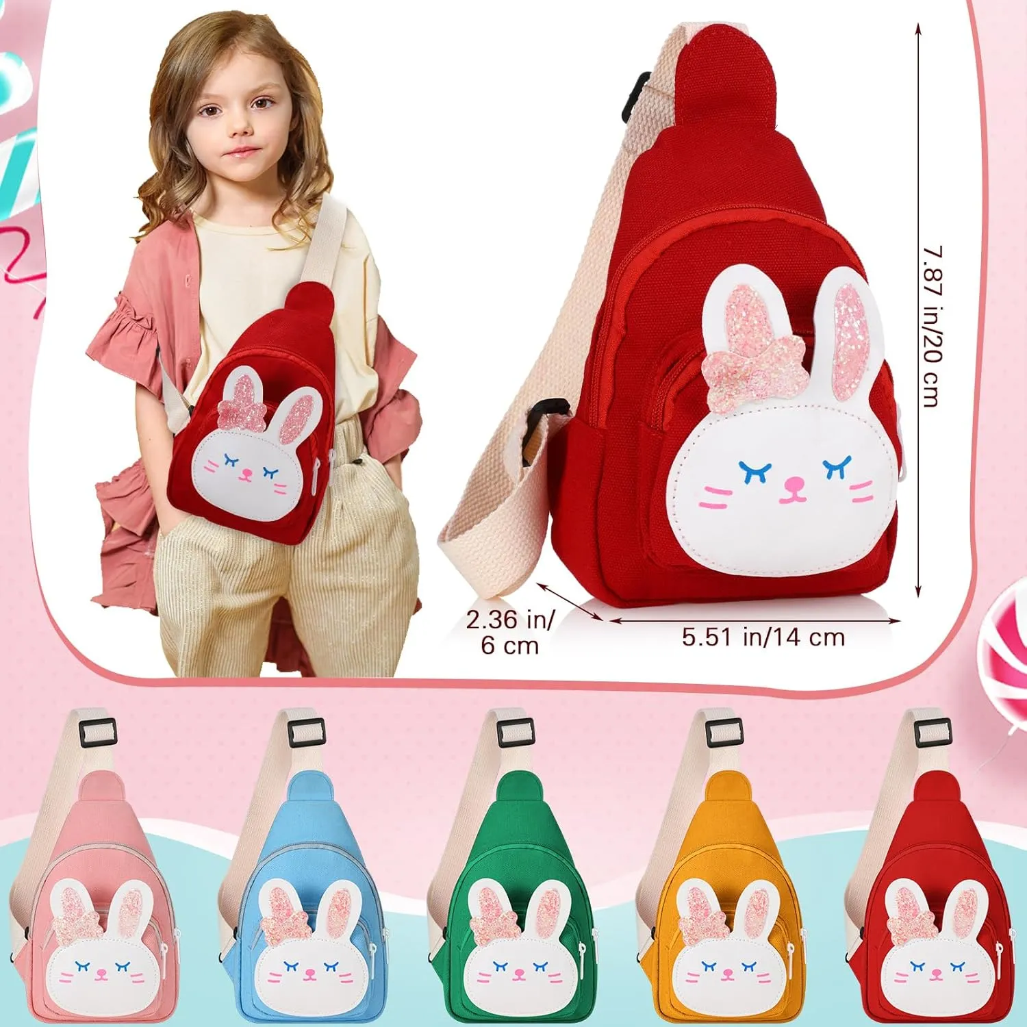 5 Pcs Cute Small Kids Sling Bag Cartoon Shoulder Chest Crossbody Bags for Children Travel Hiking(Green, Blue, Pink, Yellow, Red,Bunny)