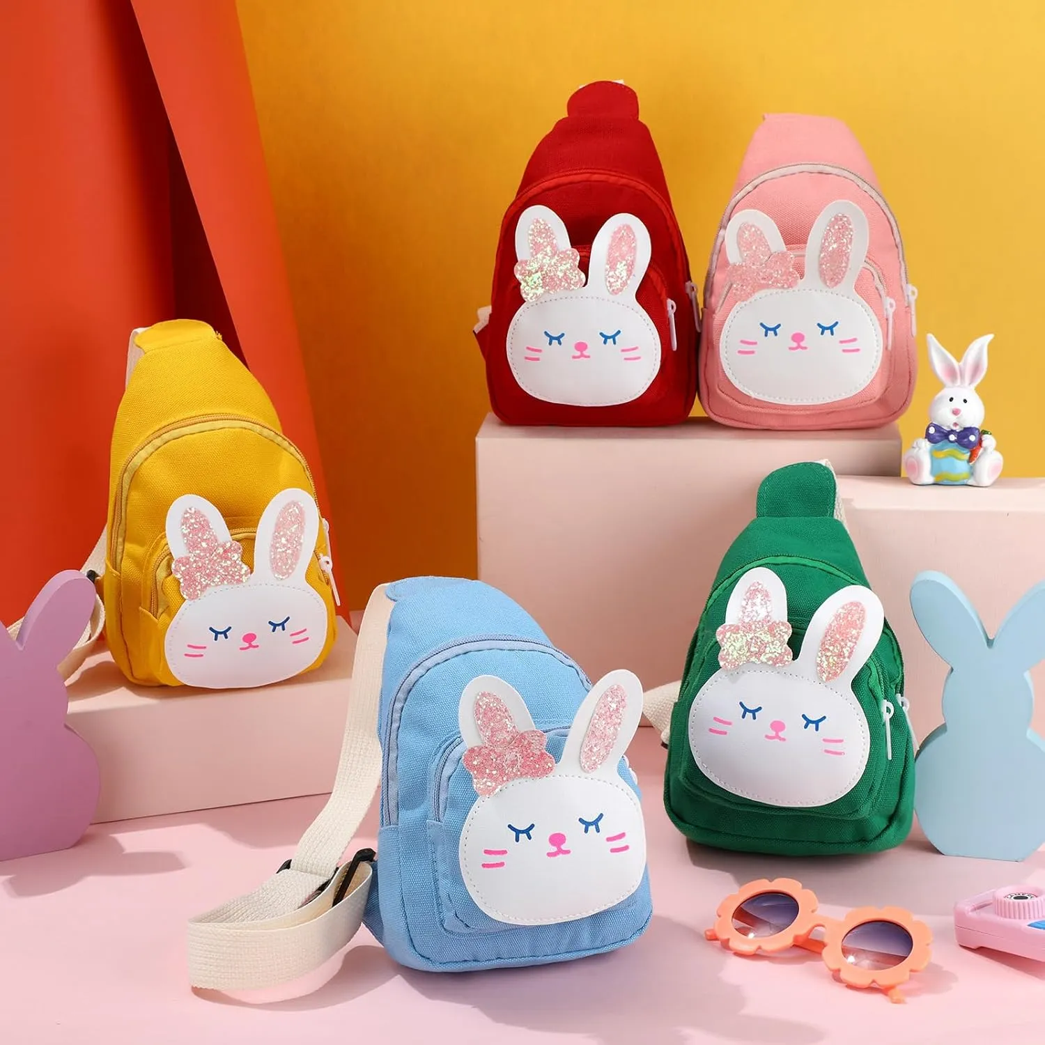 5 Pcs Cute Small Kids Sling Bag Cartoon Shoulder Chest Crossbody Bags for Children Travel Hiking(Green, Blue, Pink, Yellow, Red,Bunny)
