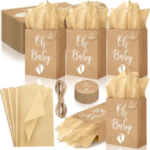 50 Pack Rustic Kraft Baby Shower Gifts Bag with Tissue Papers Baby Shower Paper Bags with Handle and 50 Tissue Tags Twine for Guests Gifts Gender Reveal Favors