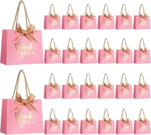 50 Pack Small Thank You Gift Bags with Handles, Pink Mini Party Favor Bags 5.5x2.5x4.7 Inches Mini Gift Bags Bulk with Bow Ribbon for Valentine's Day, Bridal, Wedding, Baby Shower
