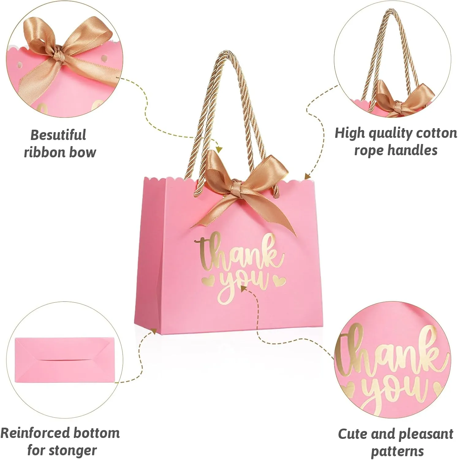 50 Pack Small Thank You Gift Bags with Handles, Pink Mini Party Favor Bags 5.5x2.5x4.7 Inches Mini Gift Bags Bulk with Bow Ribbon for Valentine's Day, Bridal, Wedding, Baby Shower