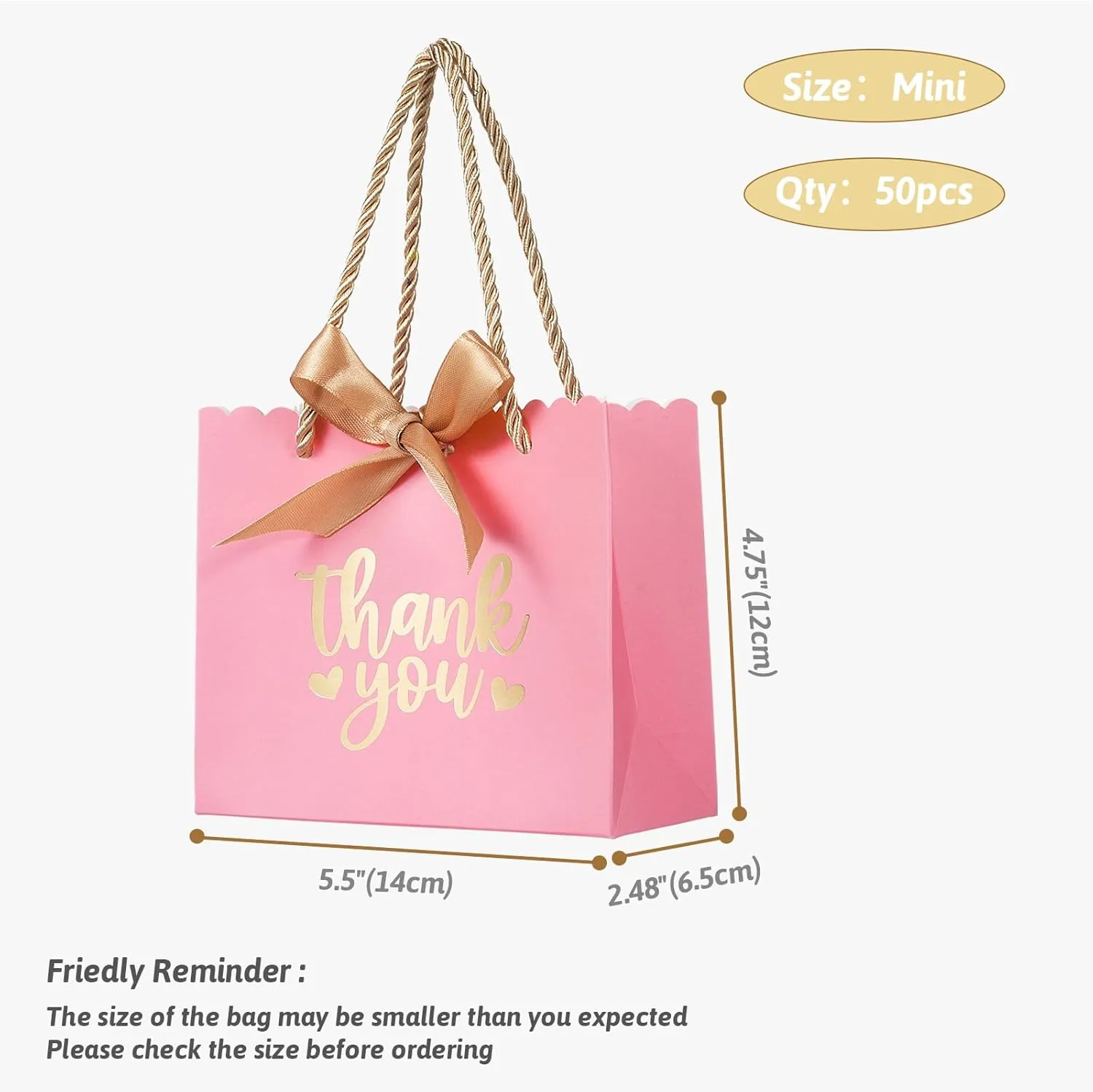 50 Pack Small Thank You Gift Bags with Handles, Pink Mini Party Favor Bags 5.5x2.5x4.7 Inches Mini Gift Bags Bulk with Bow Ribbon for Valentine's Day, Bridal, Wedding, Baby Shower