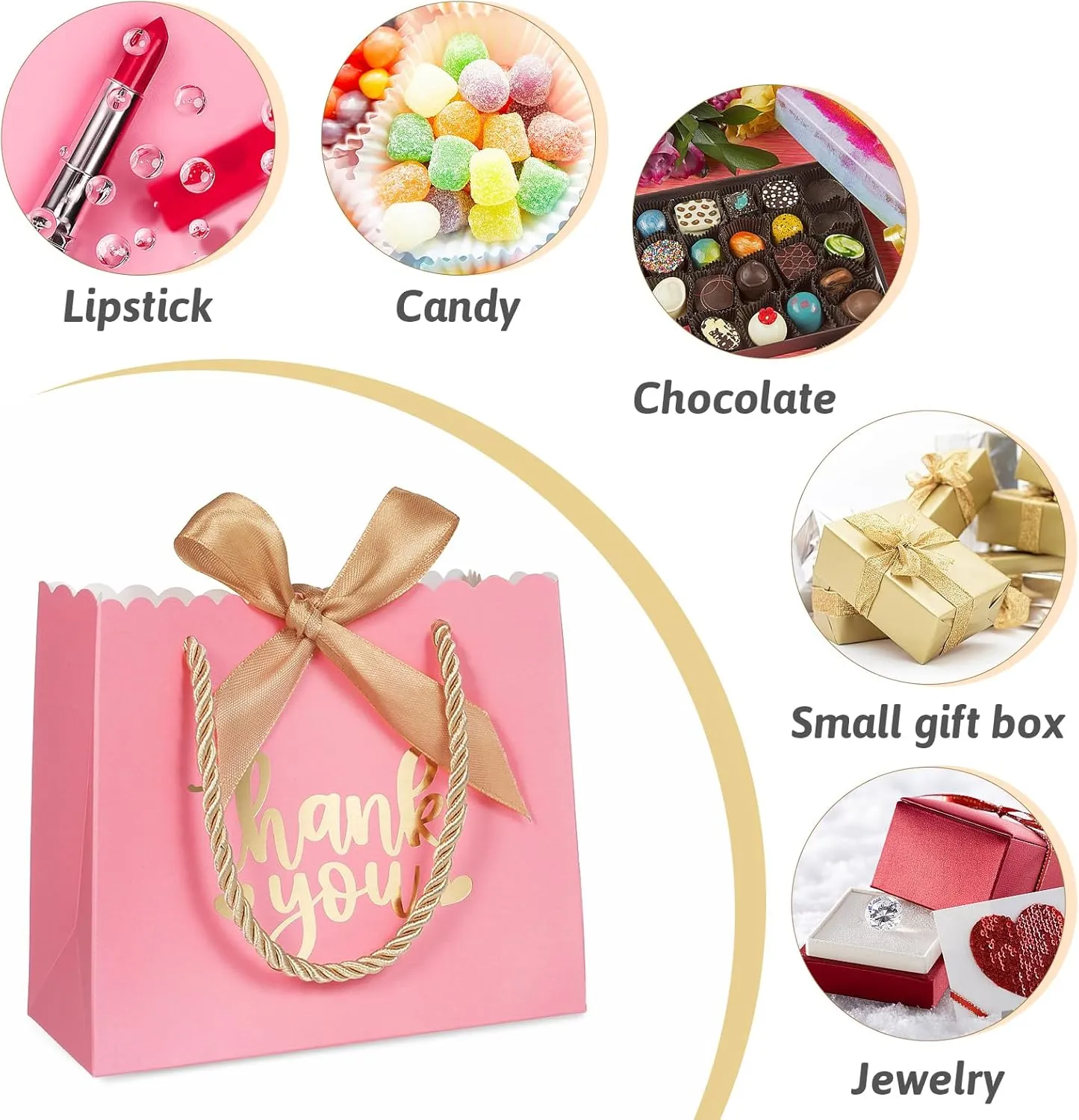 50 Pack Small Thank You Gift Bags with Handles, Pink Mini Party Favor Bags 5.5x2.5x4.7 Inches Mini Gift Bags Bulk with Bow Ribbon for Valentine's Day, Bridal, Wedding, Baby Shower