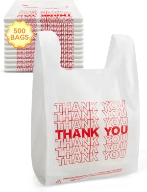 500 Count Thank You Plastic Bags with Handles, 12" x 6" x 22", 14 Mic White Grocery Bags - Ideal for Grocery Stores, Retail, Restaurants, and Takeout