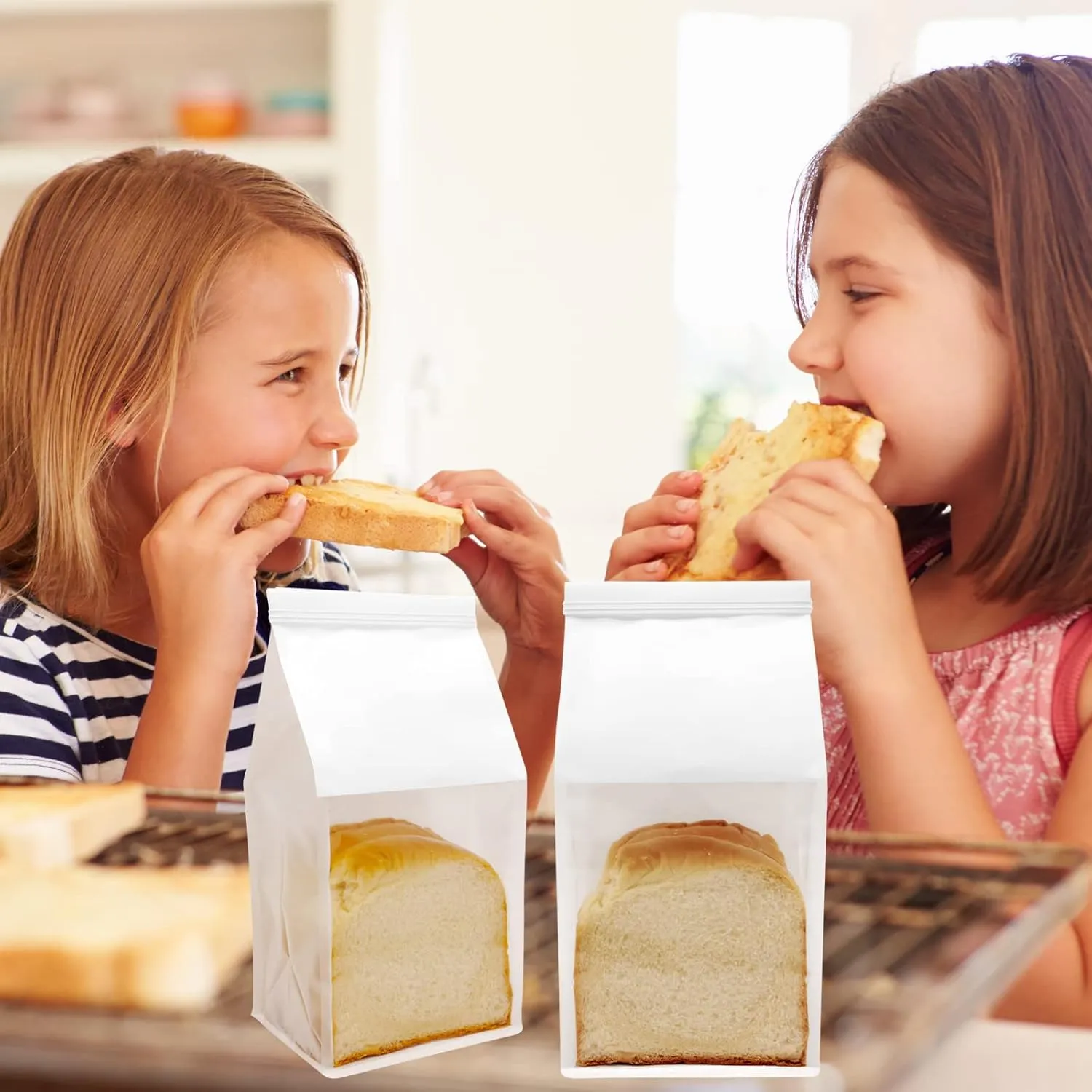 50Pcs 5.1x4.3x11 Inch Extra Thick Paper Bread Bags for Homemade with Window & Twist Tie - Ideal for Sourdough Bread, Bakery, Baked Goods, Pastry & Cookie Packaging, White Kraft, Flat Bottom