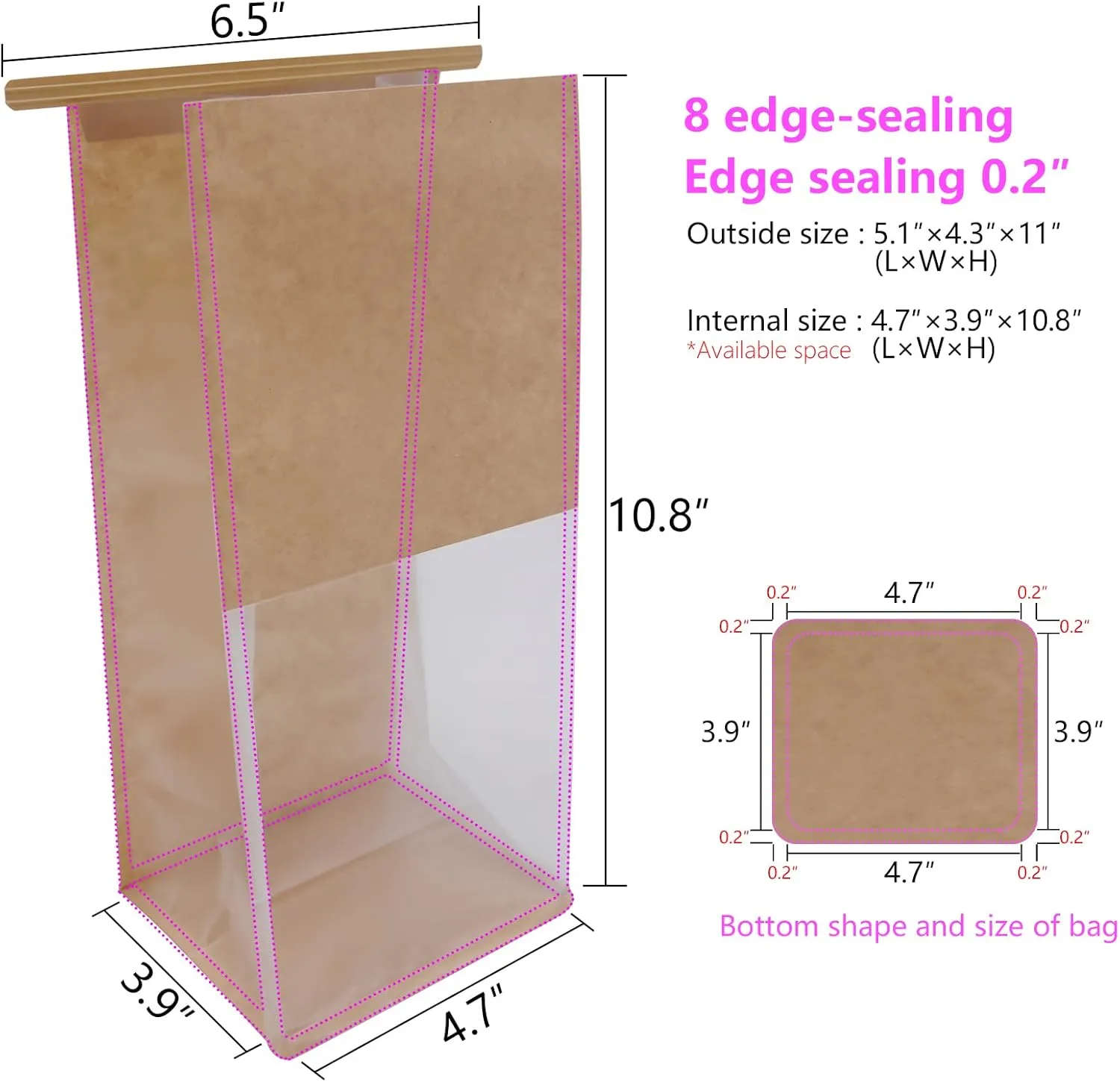 50Pcs 5.1x4.3x11 Inch Extra Thick Paper Bread Bags for Homemade with Window & Twist Wire - Ideal for Sourdough Bread, Bakery, Baked Goods, Pastry & Cookie Packaging, Brown Kraft, Flat Bottom