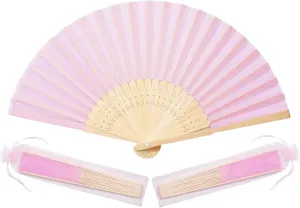50pcs pink Imitated Silk Fabric Bamboo Folded Hand Fan Bridal Dancing Props Church Wedding party favors with Organza Bags