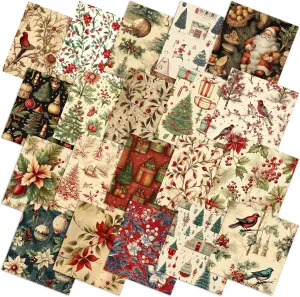 60 Pcs 10 x 10 Inch Vintage Christmas Quilting Fabric Rustic Christmas Fat Squares Patchwork Precut Strips Santa Claus Red Cardinal Fabric Bundles for Xmas Quilting Crafting DIY Craft Sewing