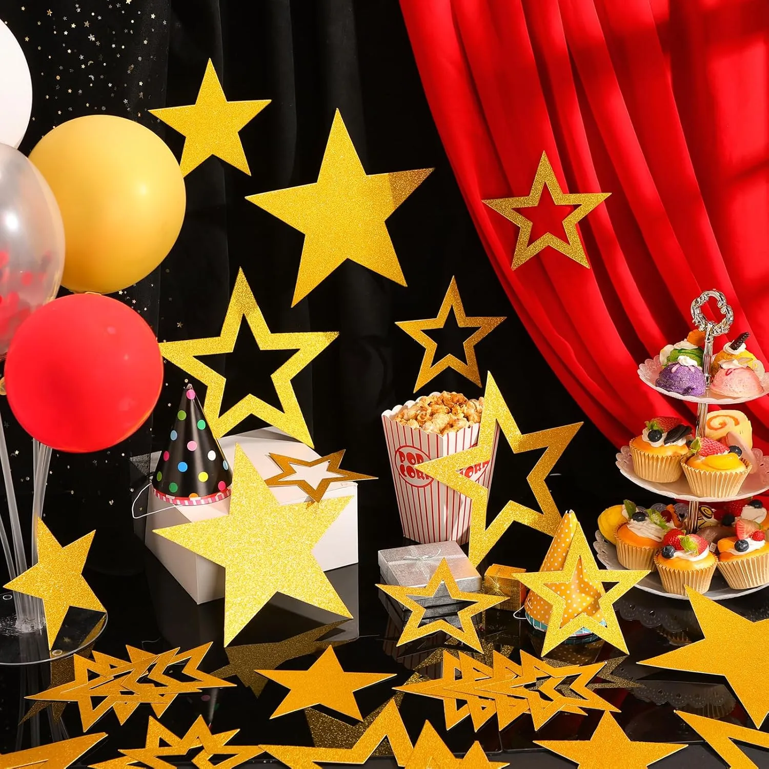 60 Pcs Glitter Star Cutouts Paper Decorations Double Printed Star Cardboard Wall Decor Confetti Cutouts for Graduation Classroom Wall Festival Movie Night Party Bulletin Board Decor (Gold)