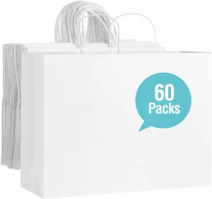60 PCS White Paper Bags with Handles, Large Gift Bag 16 x 6 x 12 inch White Gift Bag Bulk Shopping Bags for Gift Grocery Small Business