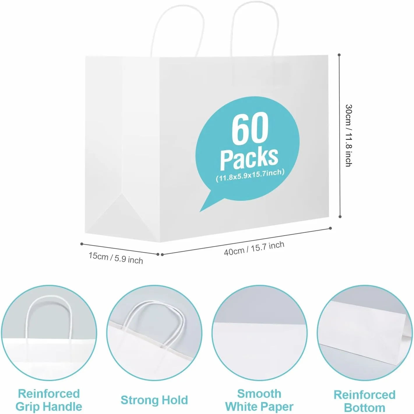 60 PCS White Paper Bags with Handles, Large Gift Bag 16 x 6 x 12 inch White Gift Bag Bulk Shopping Bags for Gift Grocery Small Business