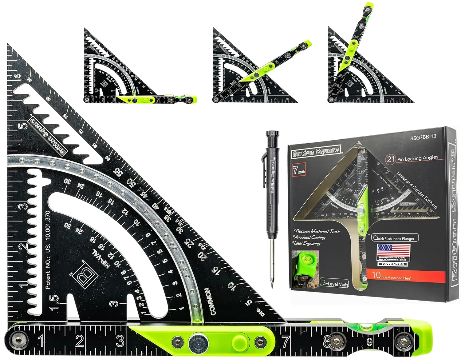 7''-Black/Green Aluminum Rafter Square -Rafter Square with Level, Innovative Framing & Carpentry Tools