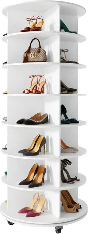 7 Tier Rotating Shoe Rack Tower with Wheels, 360 Revolving Shoe Rack Storage Round Carousel Lazy Susan, 66.9" Spinning Shoe Rack Shoe Closet Organizer for Entryway Living Room Hallway White