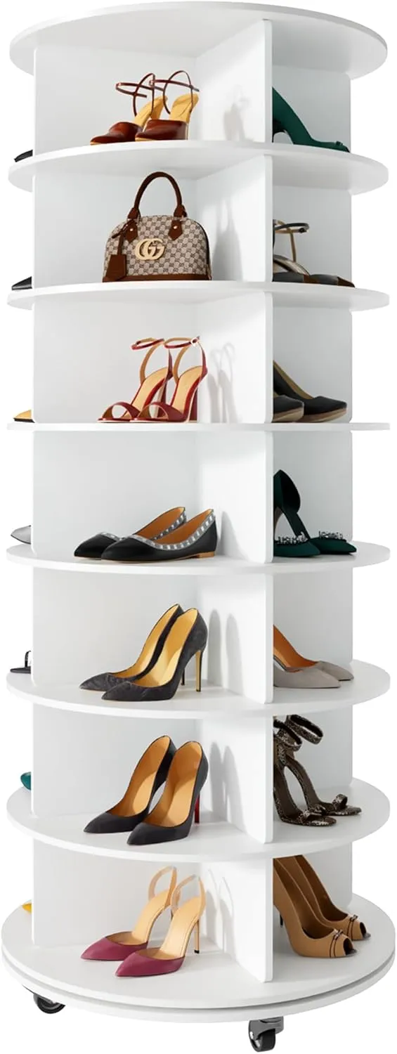 7 Tier Rotating Shoe Rack Tower with Wheels, 360 Revolving Shoe Rack Storage Round Carousel Lazy Susan, 66.9" Spinning Shoe Rack Shoe Closet Organizer for Entryway Living Room Hallway White