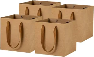 7.8inch Square Brown Kraft Paper Bags Flowers Gift Bags with Ribbon Handles,Pack of 12