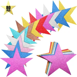 80 Pieces Glitter Star Cutouts Paper Star Confetti Cutouts for Bulletin Board Classroom Wall Party Decoration Supply (Rich Colors,6 Inches Length)