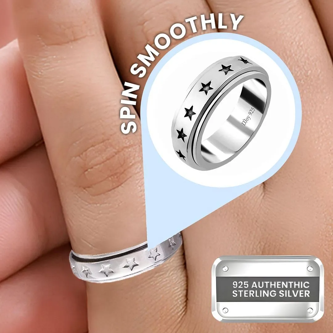 925 Sterling Silver Fidget Ring Spinner Moon Star Anxiety Ring for Women Men Platinum Plated Jewelry Stress Anxiety Relief Items Promise Engagement Wedding Band Birthday Mothers Day Gifts for Women