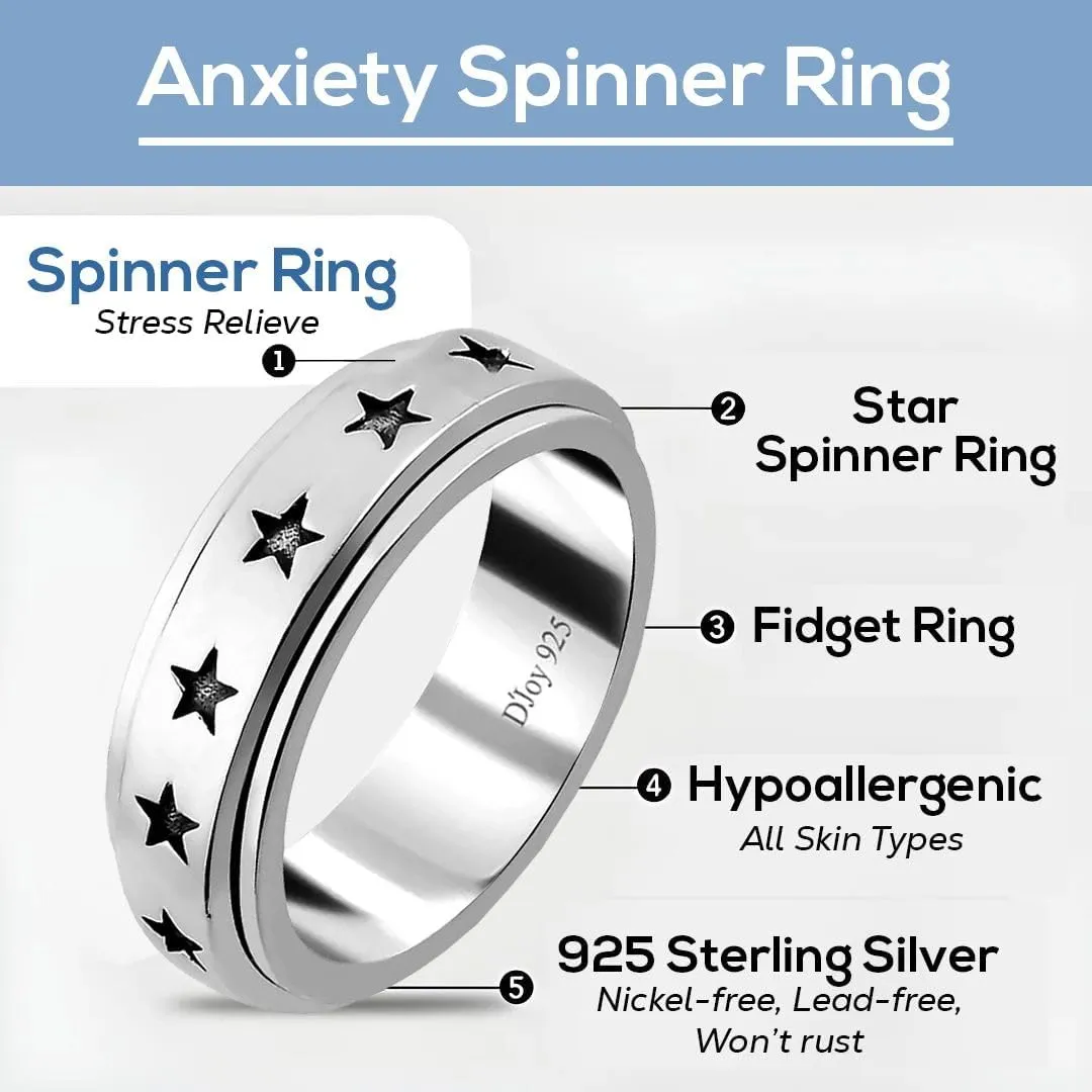 925 Sterling Silver Fidget Ring Spinner Moon Star Anxiety Ring for Women Men Platinum Plated Jewelry Stress Anxiety Relief Items Promise Engagement Wedding Band Birthday Mothers Day Gifts for Women