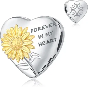 925 Sterling Silver Sunflower Charms Fit Pandora Charms Bracelet Forever In My Heart Fit Wife Mother's Day Christmas Birthday Gift