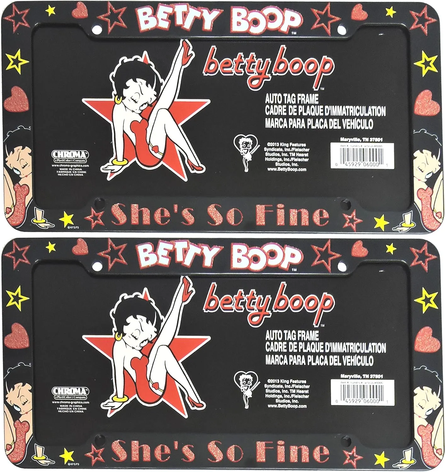 A Set of 2 Plastic Glitter Automotive License Plate Frame - Betty Boop Leg Up Star
