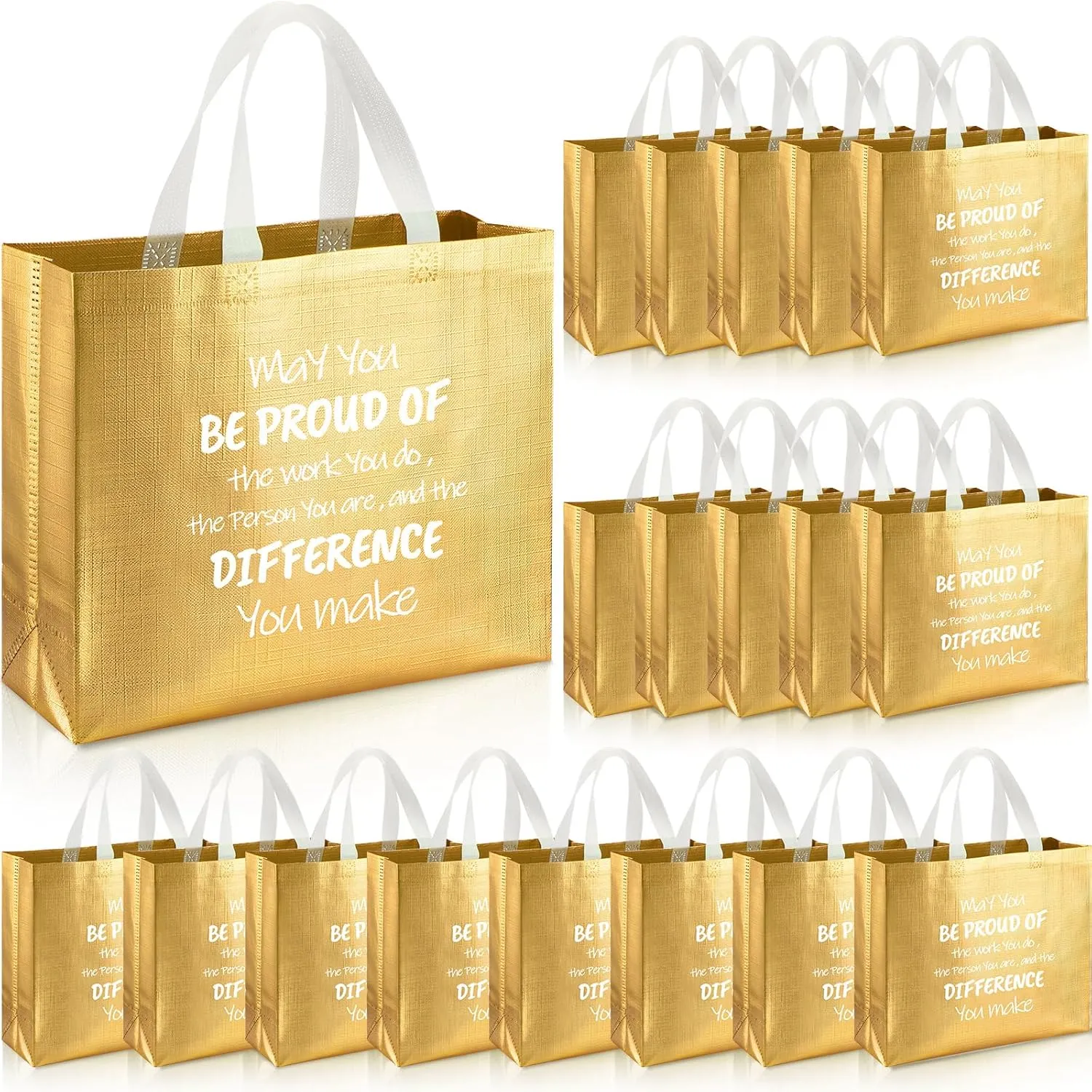 Abbylike 24 Pcs Glossy Employee Appreciation Gift Bags 12.2 x 4.7 x 11 Inches May You Be Proud Reusable Thank You Gift Bags with Handles for Employee Coworker Team Social Worker(Gold)