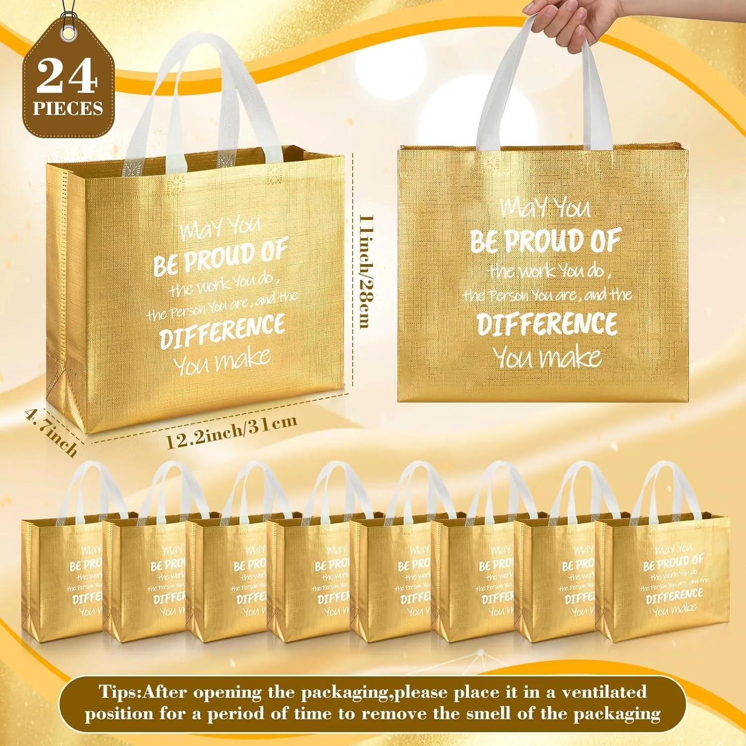 Abbylike 24 Pcs Glossy Employee Appreciation Gift Bags 12.2 x 4.7 x 11 Inches May You Be Proud Reusable Thank You Gift Bags with Handles for Employee Coworker Team Social Worker(Gold)