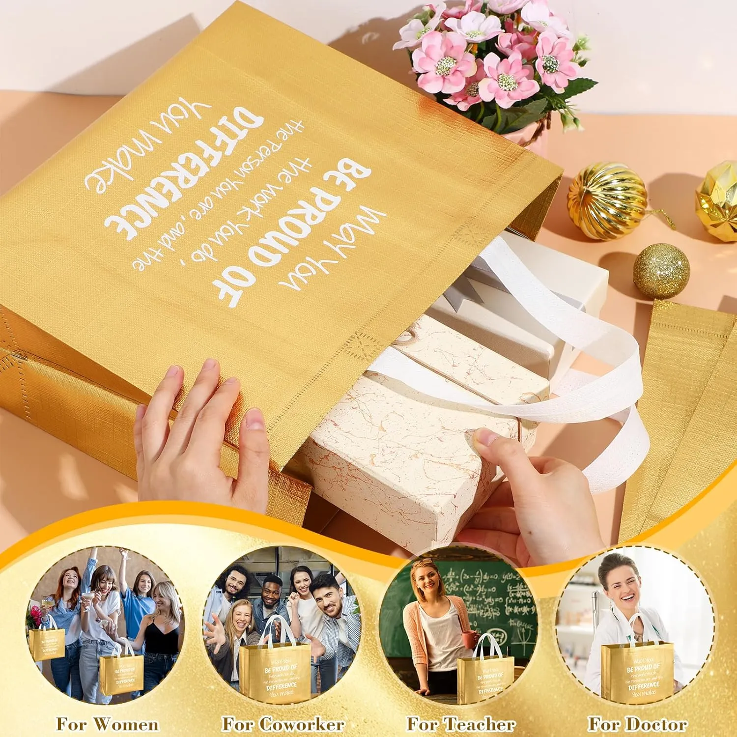 Abbylike 24 Pcs Glossy Employee Appreciation Gift Bags 12.2 x 4.7 x 11 Inches May You Be Proud Reusable Thank You Gift Bags with Handles for Employee Coworker Team Social Worker(Gold)