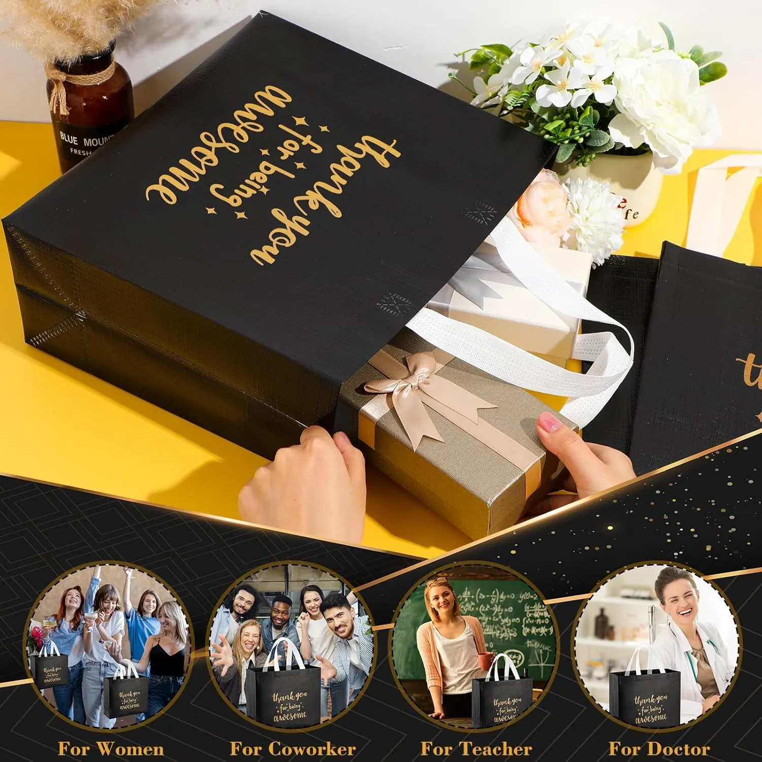 Abbylike 24 Pcs Thank You Gift Bags Bulk, Reusable Employee Appreciation Gift Bags with Handle for Women Staff Team Volunteer Workers Goodie, Birthday Graduation Party Favors(Black)