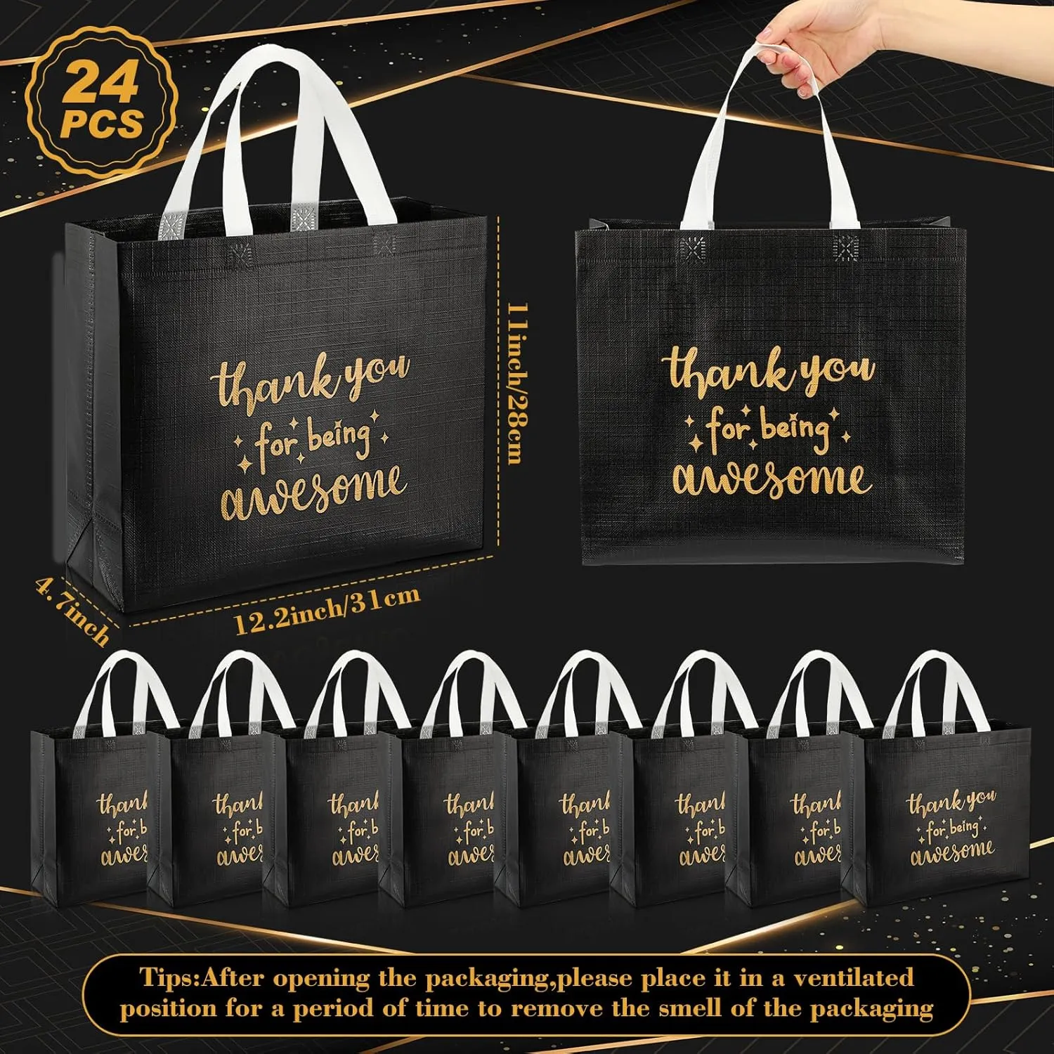 Abbylike 24 Pcs Thank You Gift Bags Bulk, Reusable Employee Appreciation Gift Bags with Handle for Women Staff Team Volunteer Workers Goodie, Birthday Graduation Party Favors(Black)