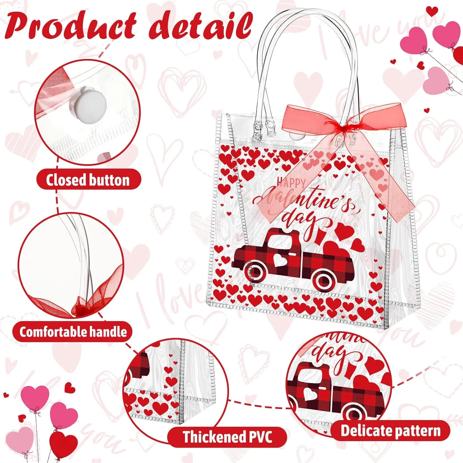 Abbylike 24 Pcs Valentine's Day Heart Clear Gift Bags 7.87 x 3.15 x 7.87 in Love Kiss Tote PVC Shopping Clear Bags with Handles Red Ribbon Supplies for Wedding and Valentine Party Supplies