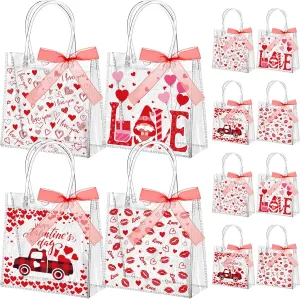 Abbylike 24 Pcs Valentine's Day Heart Clear Gift Bags 7.87 x 3.15 x 7.87 in Love Kiss Tote PVC Shopping Clear Bags with Handles Red Ribbon Supplies for Wedding and Valentine Party Supplies