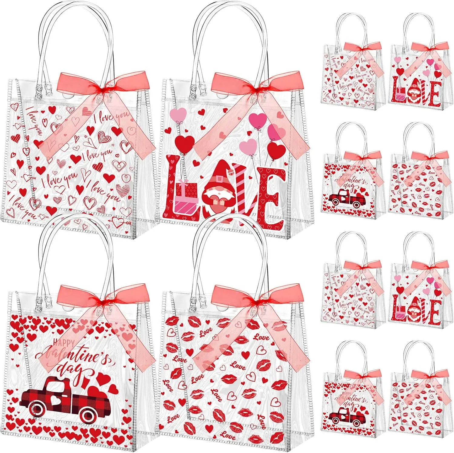 Abbylike 24 Pcs Valentine's Day Heart Clear Gift Bags 7.87 x 3.15 x 7.87 in Love Kiss Tote PVC Shopping Clear Bags with Handles Red Ribbon Supplies for Wedding and Valentine Party Supplies