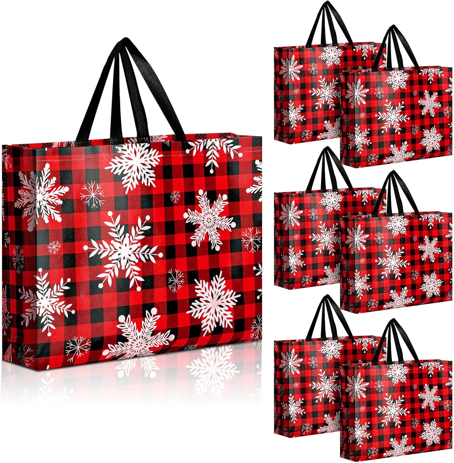 Abbylike 8 Pcs Christmas Gift Bags, 17.7'' x 13.8'' x 3.9'' Christmas Plaid Large Tote Bags with Handles Reusable Christmas Bags Bulk Xmas Grocery Shopping Bags Non Woven Xmas Gift (Red)