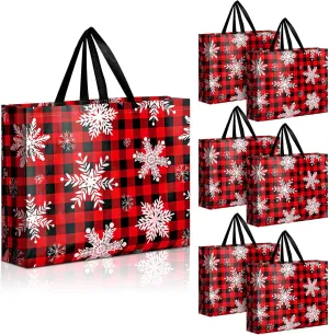 Abbylike 8 Pcs Christmas Gift Bags, 17.7'' x 13.8'' x 3.9'' Christmas Plaid Large Tote Bags with Handles Reusable Christmas Bags Bulk Xmas Grocery Shopping Bags Non Woven Xmas Gift (Red)