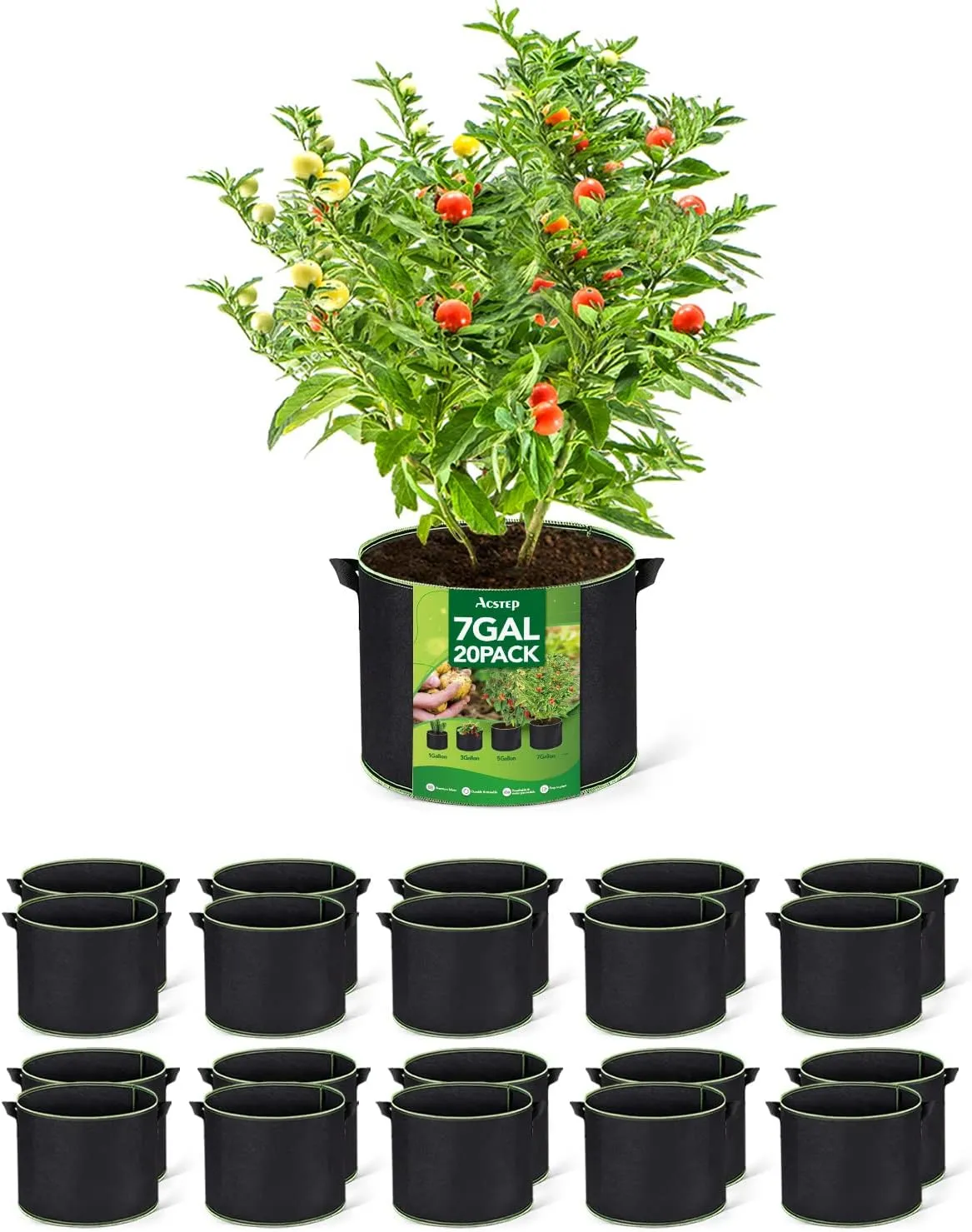 ACSTEP Grow Bags 20 Pack 7 Gallon Heavy Duty Aeration Fabric Pots Thickened Nonwoven Fabric Pots Plant Grow Bags with Handles