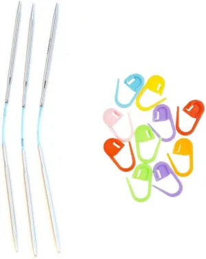 addi FlexiFlips 8 inch (20cm) (Set of 3) US 2.75mm DPN Double Pointed Knitting Needle Slick & Smooth Finish, Standard Tips, Smooth Joins, Blue Pliable Cord with 10 Colorful Stitch Markers