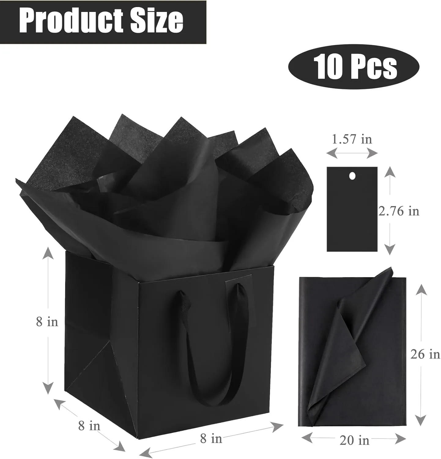 ADIDO EVA 10Pcs Square Gift Bags with Tissue Paper Small Black Square Gift Bags with Handles for Party Favor (8x8x8 In, Black)