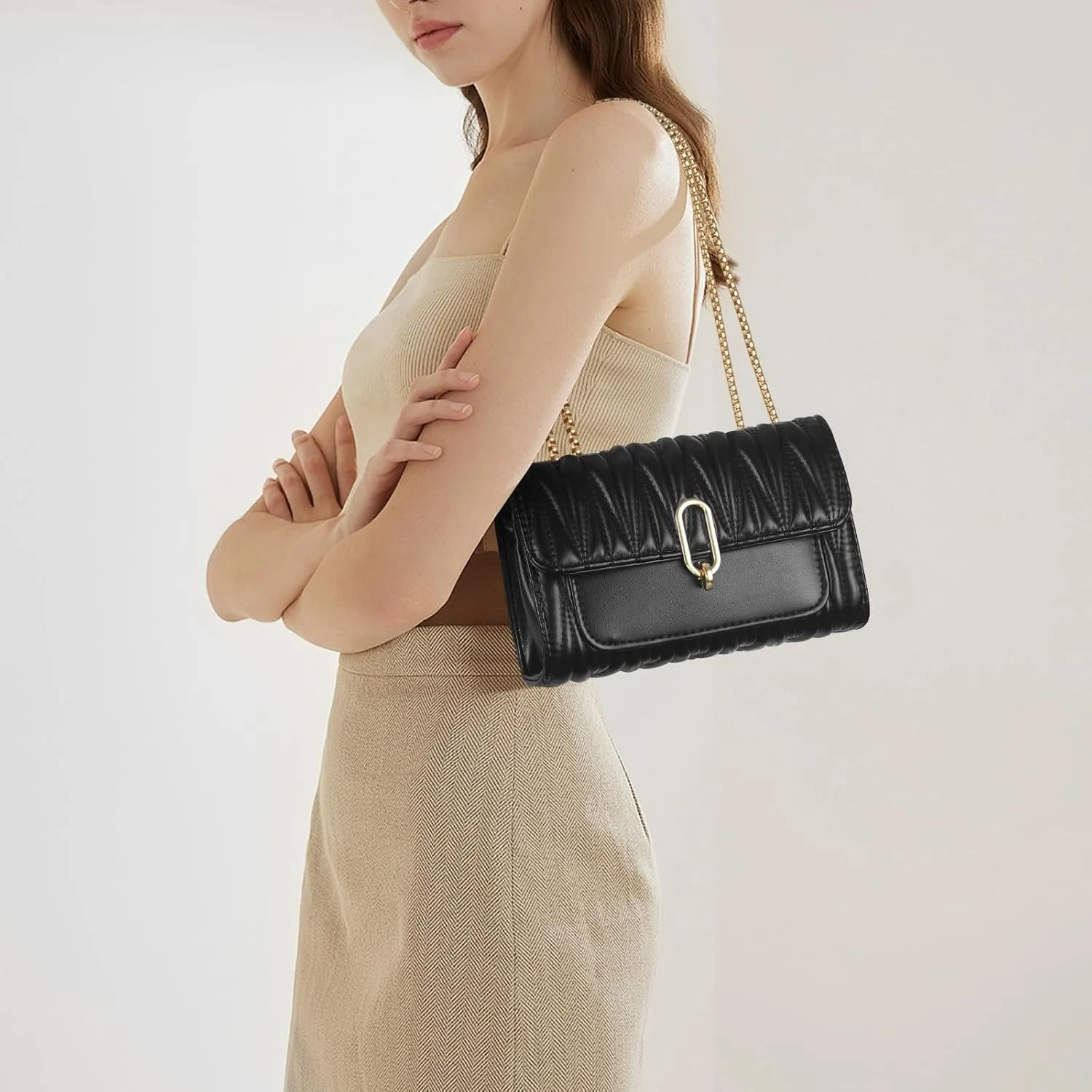 Aiqudou Quilted Crossbody Bag for Women - Leather Shoulder Bag Fashion Chain Small Purse