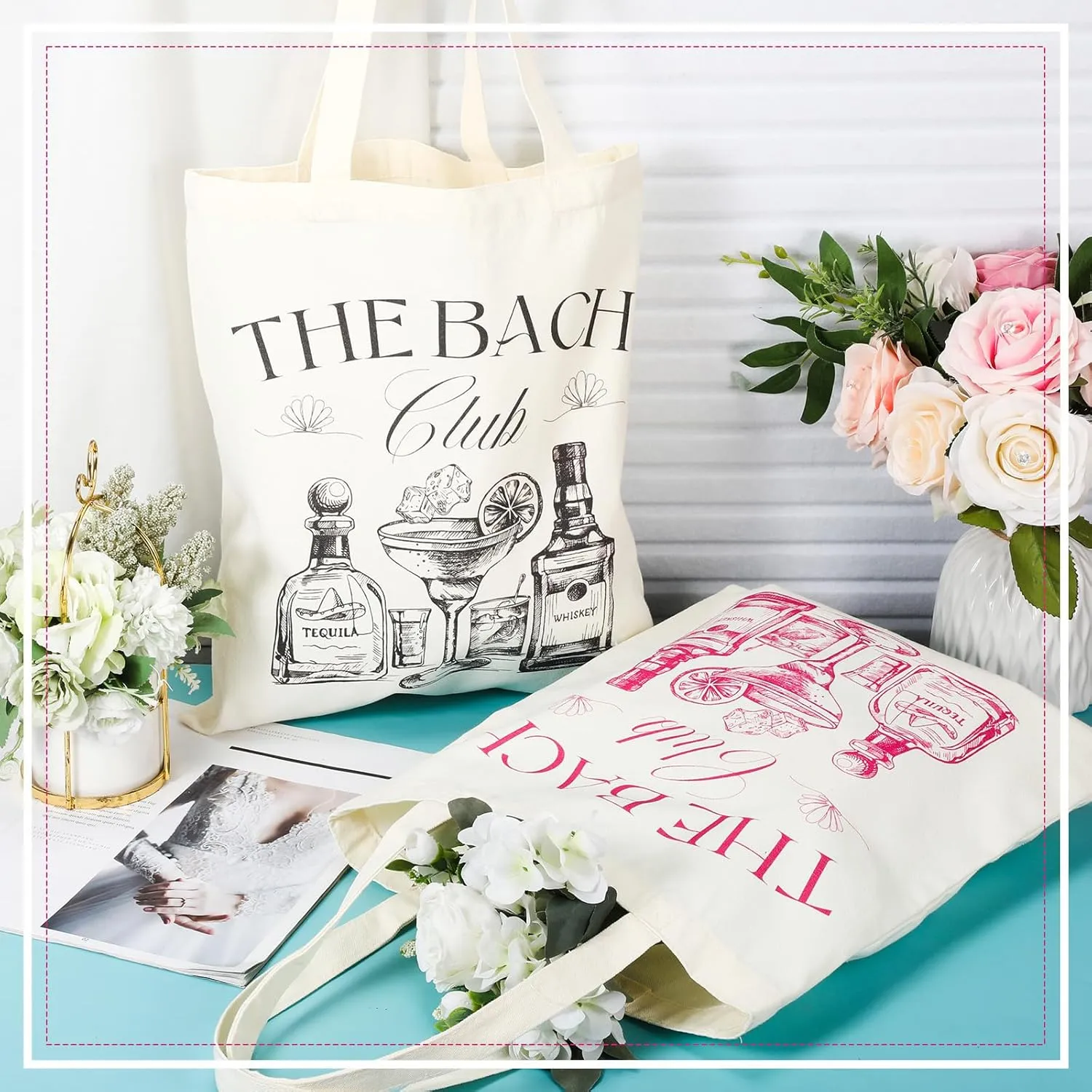 Aliceset 8 Pieces Bridesmaid Tote Bags Reusable Canvas for Bachelorette Bridesmaid Gift Bags Bridal Shower Tote(Rose Red, Black,the Bach)