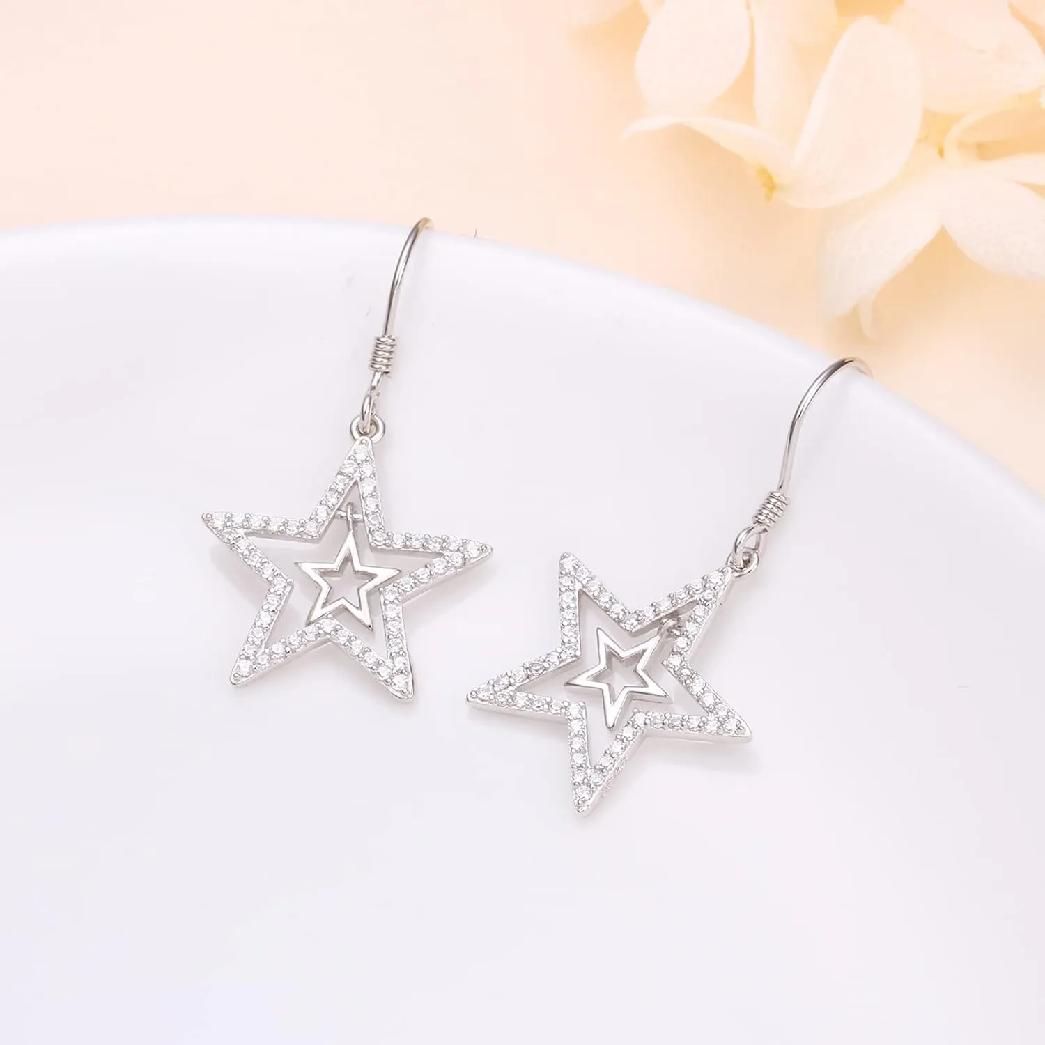 Alphm S925 Sterling Silver Double Stars Y2K Necklace & Earrings Pentagram Pendant Jewelry